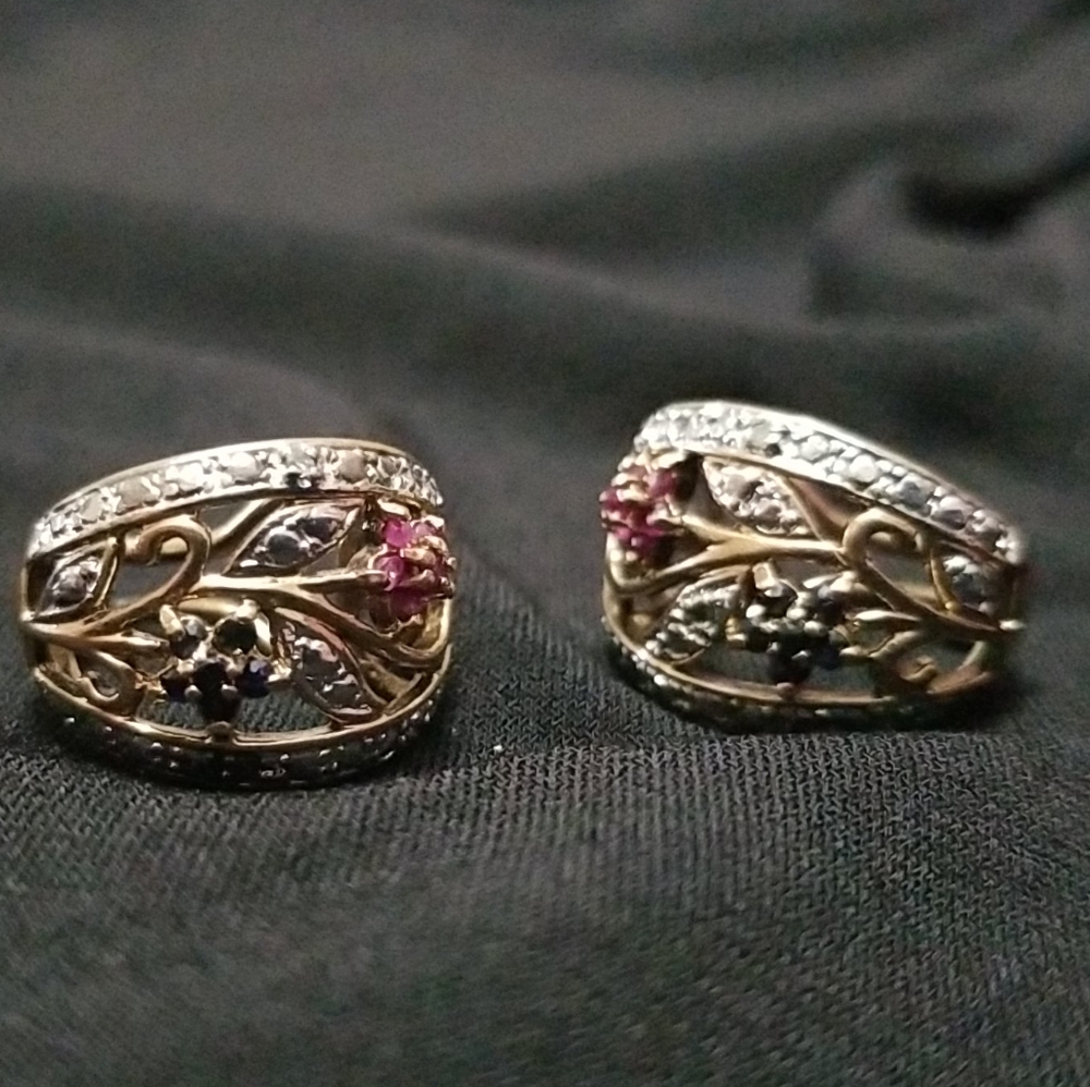 .925 silver with gold overlay Sapphire, Ruby and diamond earrings